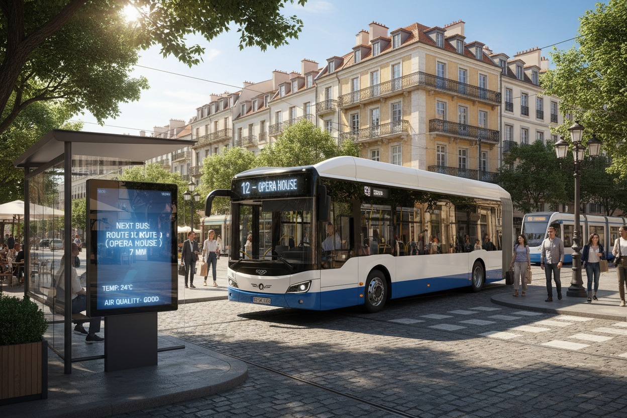 Un moderno autobus bianco e blu percorre una strada lastricata in una piazza cittadina, passando accanto a una fermata dell'autobus e a dei pedoni.